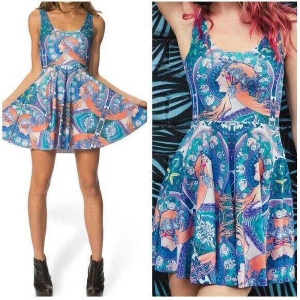 Blackmilk Zodiac Print Mucha Mini Skater Dress L